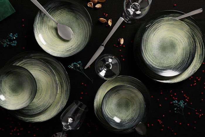 Hermia GBSATN24Y4101630 Vajilla de 24 Piezas de Porcelana en Crema, Verde y Negro